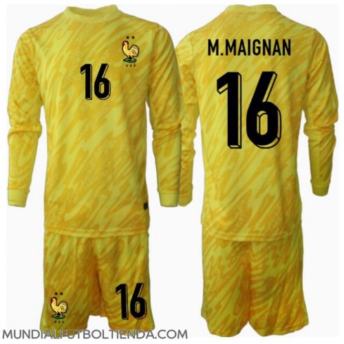 Camiseta Francia Mike Maignan #16 Portero Primera Equipación Replica Eurocopa 2024 para niños mangas largas (+ Pantalones cortos)